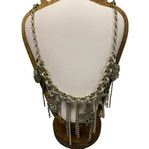 Steampunk Waterfall Charm Necklace With Key, Shield, Crown and Fleur-De-Lis Char